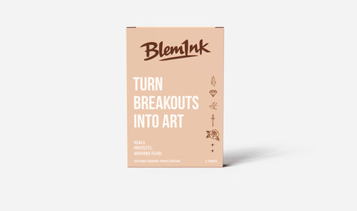 A rectangular product box for BlemInk stands upright against a light gray background. The box is a warm peach-beige color with dark brown branding text reading 'BlemInk' and large white text that says 'TURN BREAKOUTS INTO ART.